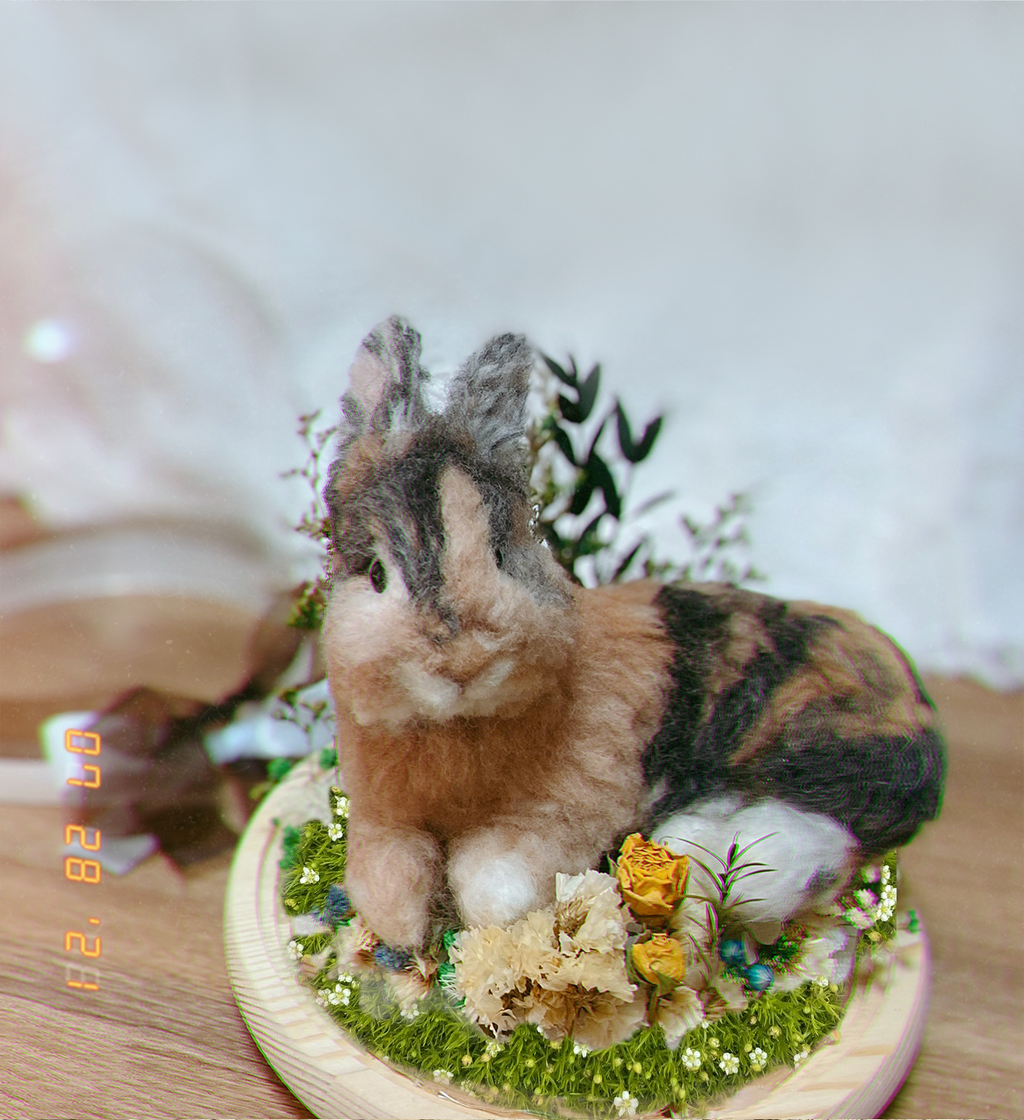 Rabbit Wool Felt Portrait｜寵物客製化兔仔｜仿真擬真兔仔包玻璃罩羊毛氈訂製｜寵物紀念（50％訂金）｜香港女生的羊毛氈小店